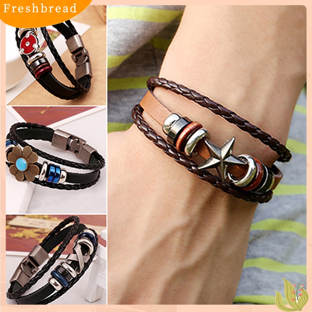 [TERLARIS]Unisex Retro Punk Flower Beads Faux Leather Braided Multilayer Bracelet Bangle for Daily Wear