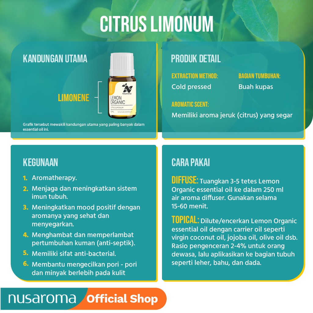 Nusaroma Lemon Organic Essential Oil - 100% Pure &amp; Therapeutic Essential Oil