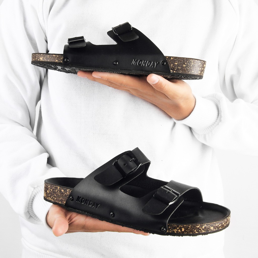 Yuno Full Black | 36-46 | Sandal Slop Kulit Original Ori Santai Kasual Casual Distro Pria Wanita Cowok Cewek Sendal Footwear | FORIND x Story of Monday