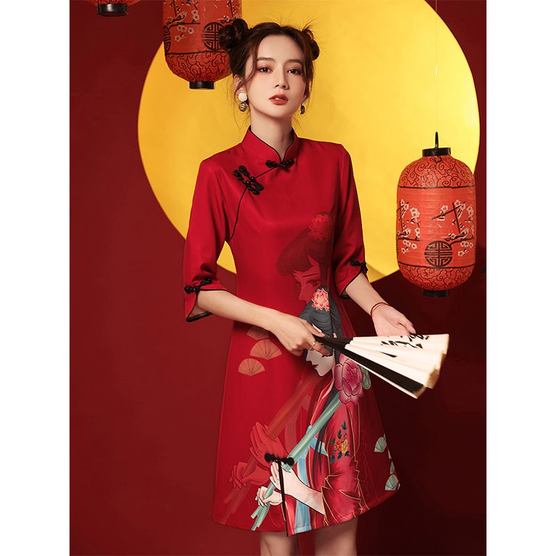 Guochao cheongsam 2022 new summer red young student improved small short dress women