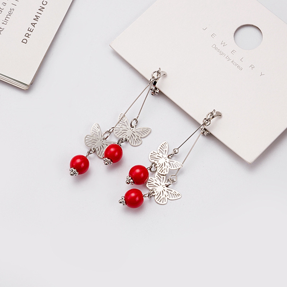 Anting Klip Tanpa Tindik Desain Kupu-Kupu Panjang Hias Mutiara Warna Merah Untuk Wanita