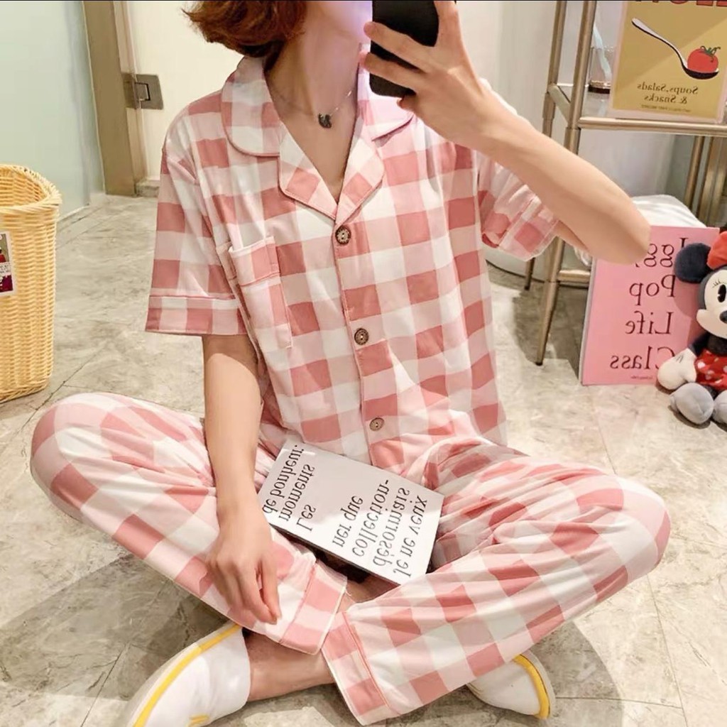 Baju Tidur Piyama Set/Piyama Wanita Import/Baju Piyama Lengan Pendek/Short Sleep Wear A1-A10-A5-Pink Kotak