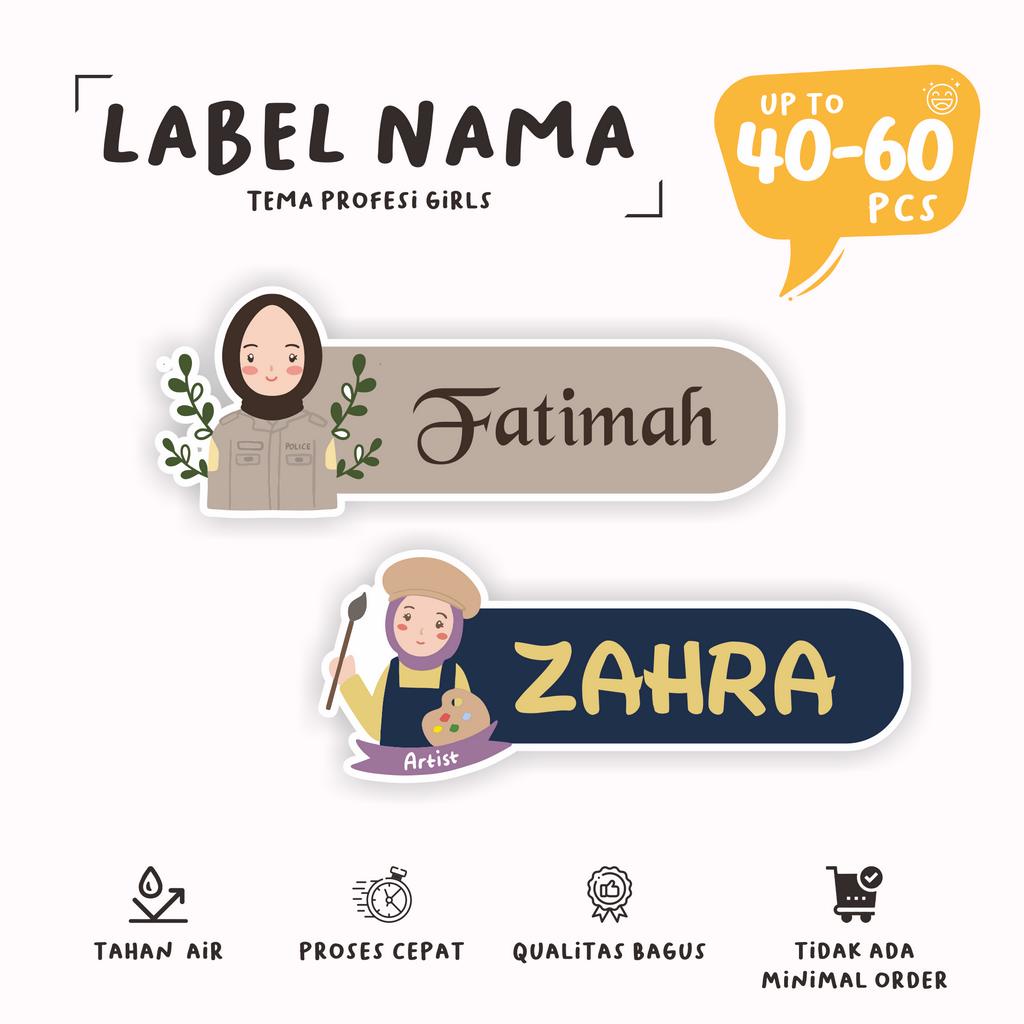 

(40 - 60 pcs) cetak stiker nama murah tema PROFFESION HIJAB/custom nama stiker label/murah