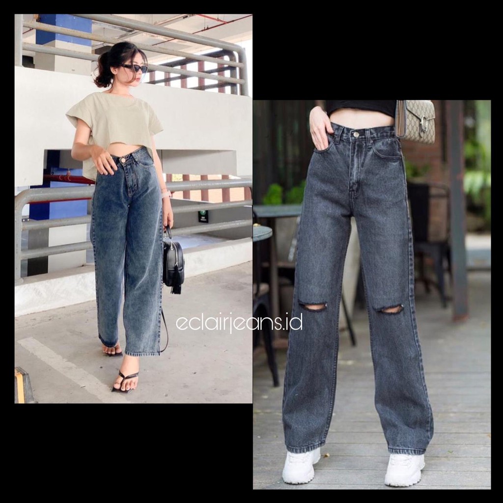 PURA boyfriend wide leg snowblack custom ripped knee / polos celana boyfriend kulot jeans wanita