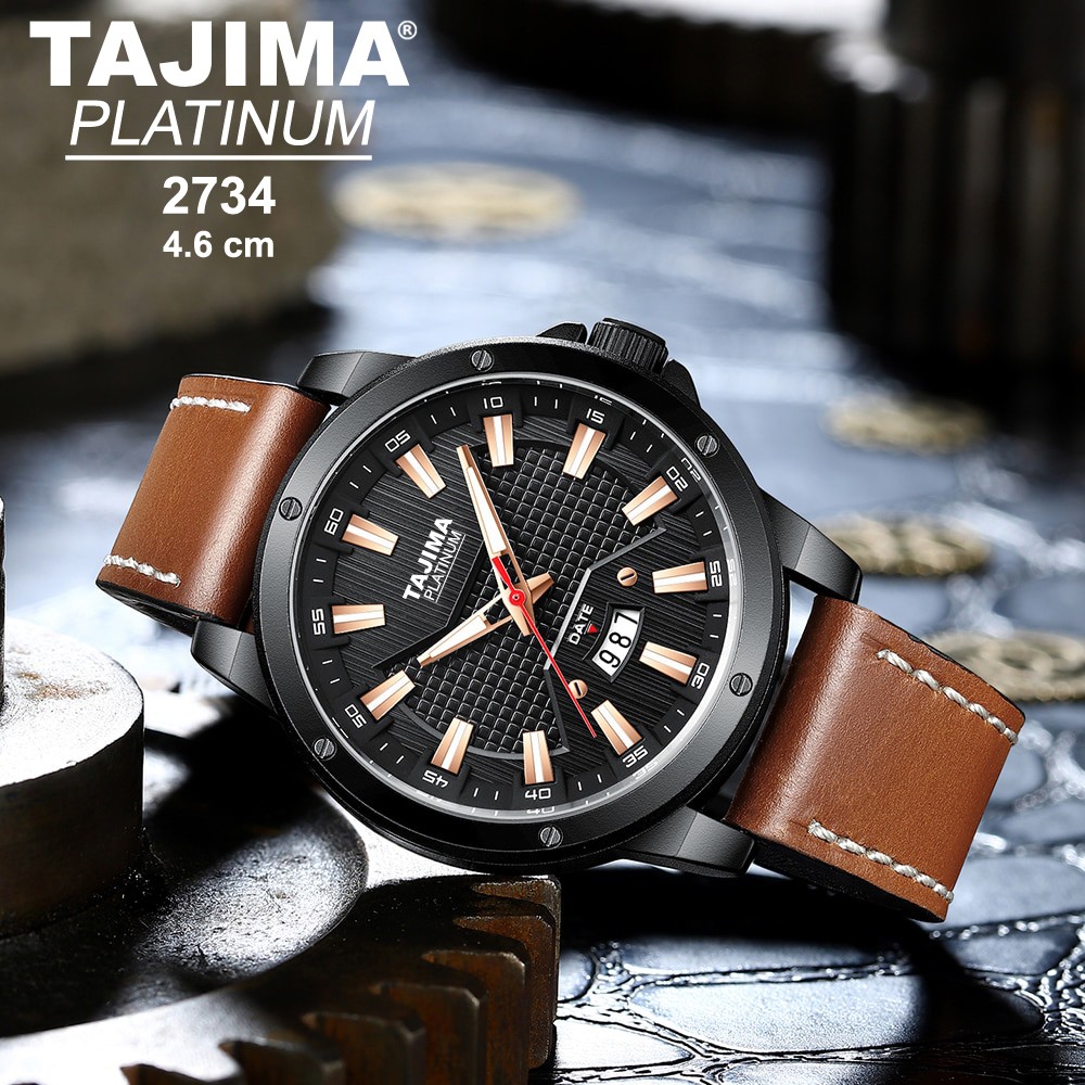 TAJIMA Jam Tangan Pria Analog Platinum  2734 Leather Kulit Original Garansi 1 Tahun