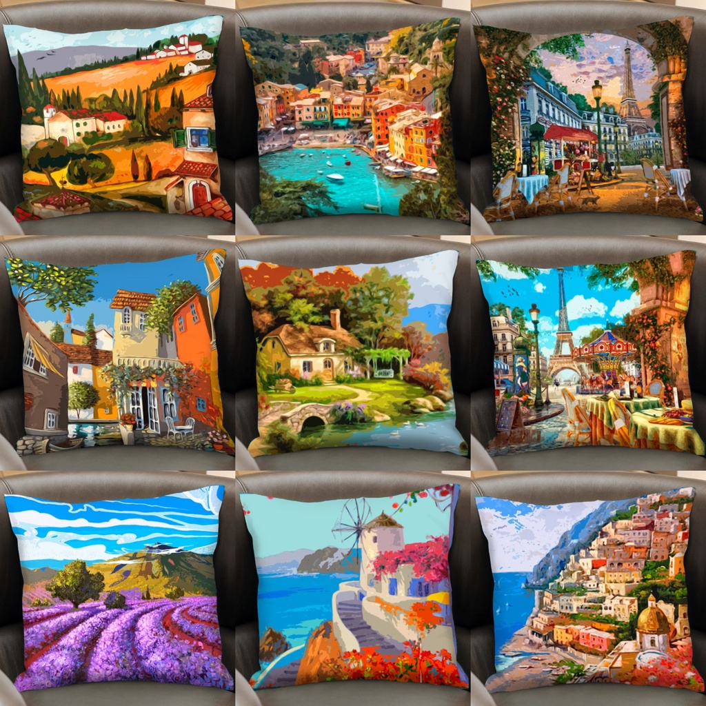 SARUNG Bantal Sofa Motif Painting Scenery Pemandangan Lukisan 40x40 cm Landscape Painting Cushion Cover Pillow