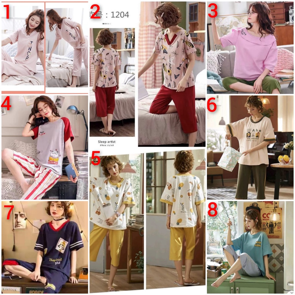 baju tidur piyama wanita bahan kaos import lengan pendek celana tujuh perdelapan