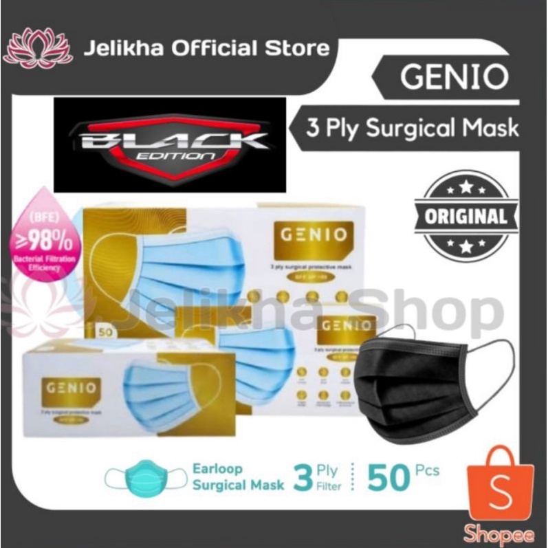 Masker Hitam Medis Premium Genio | Masker 3 ply | Surgical Mask
