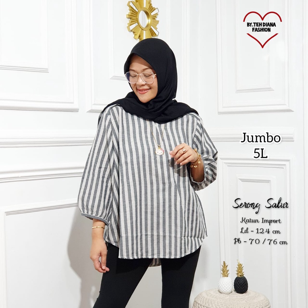 Atasan Wanita Jumbo / Blouse Wanita Jumbo / Baju Atasan Wanita Jumbo Serong Salur Import LD= 124 Cm-1