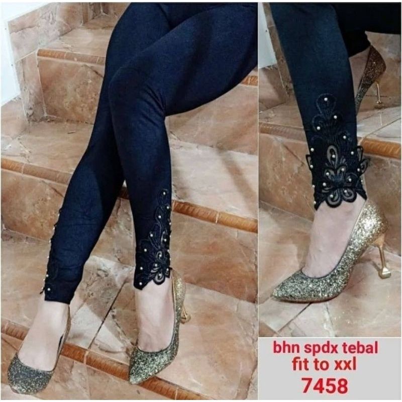 ☄️COD☄️ Legging Wanita Premium Import Kekinian Brukat+Mutiara / Celana Legging Hw Wanita