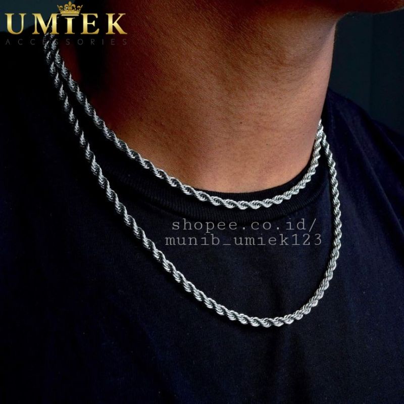 Kalung Pria Wanita Titanium tambang silver Perak putih cowok cewek Cowo keren anti karat asli ori