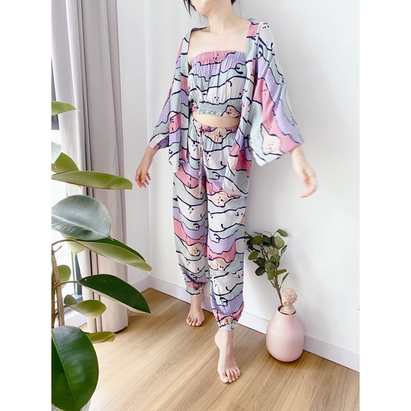 Setelan Wanita Set Kemben + Outer + Celana Pendek Bahan Rayon Motif Pink Summer