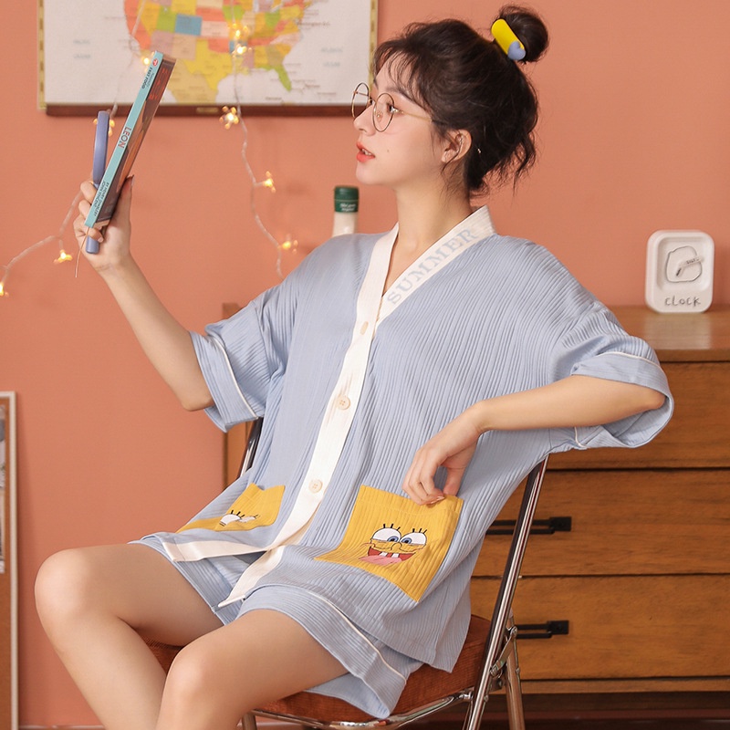 #Sisjuly# Wanita Piyama Musim Panas Katun Lengan Pendek Lucu Gadis Musim Panas Tipis Homewear Baru V-Neck Card