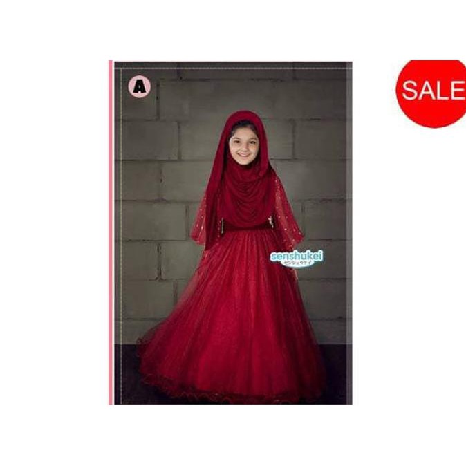 Senshukei 17A Baju Dress Anak Besar Lebaran Merah Sari India Hijab Imp - 8-9 Tahun