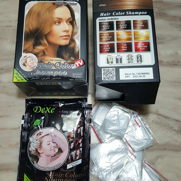 Hair Color Shampoo Pewarna Rambut hitam atau Uban jadi Brown COKLAT Chestnut Semir DEXE 1 box isi 10