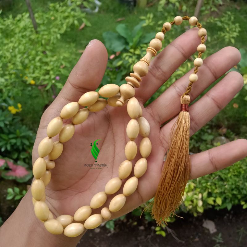 Tasbih Kayu Kemuning Gading Oval Size 8mm x 14mm 33 Butir , Tasbih 33 Butir, Tasbih Antik Kayu Langka Bertuah Nusantara