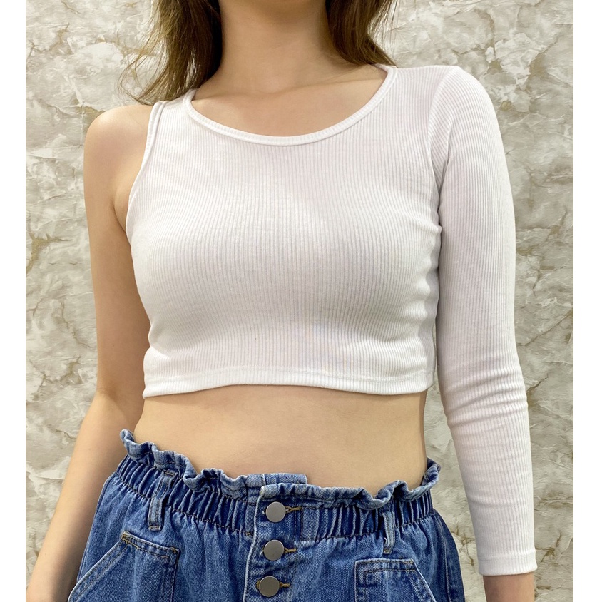 MODAVIE - FRISKA CROP TOP One Longsleeve Crop Tee Baju Atasan Satu Lengan Panjang