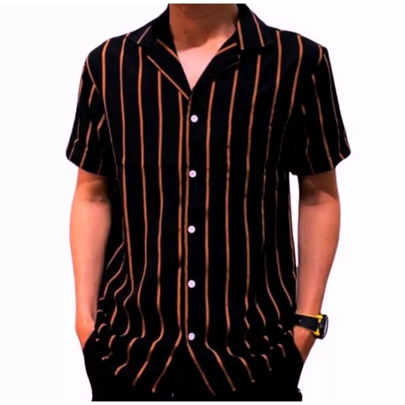 Kemeja Salur Pria Lengan Pendek Kemeja Stripe
