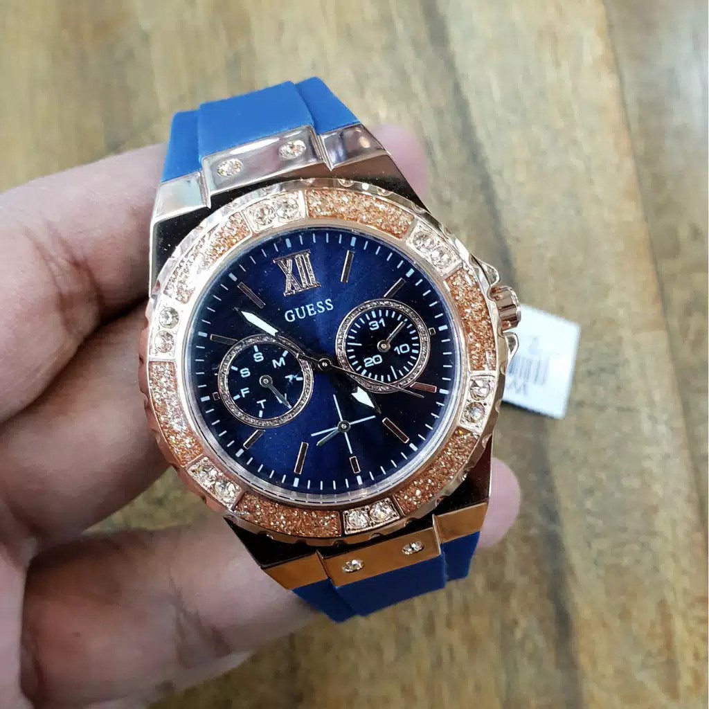 Jam Tangan Original guess W 1053 wanita tali karet blue rose gold
