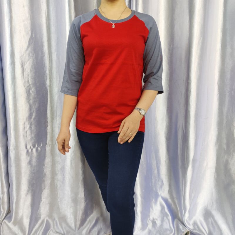 kaos raglan polos 3/4 MERAH-ABUKATUN dewasa uk M L XL XXL