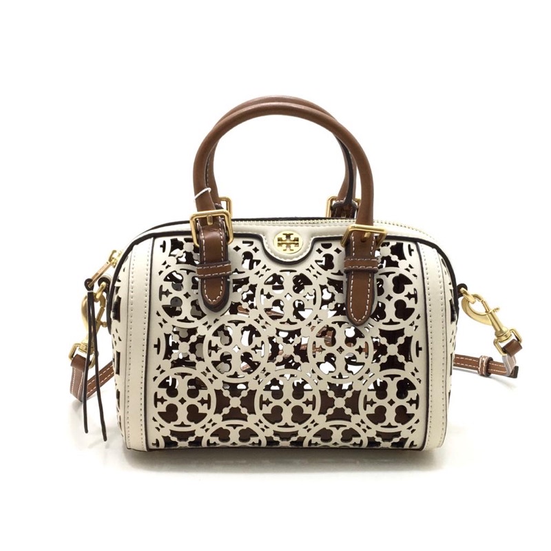Tb T Monogram Laser-Cut Barrel Top-Handle Bag