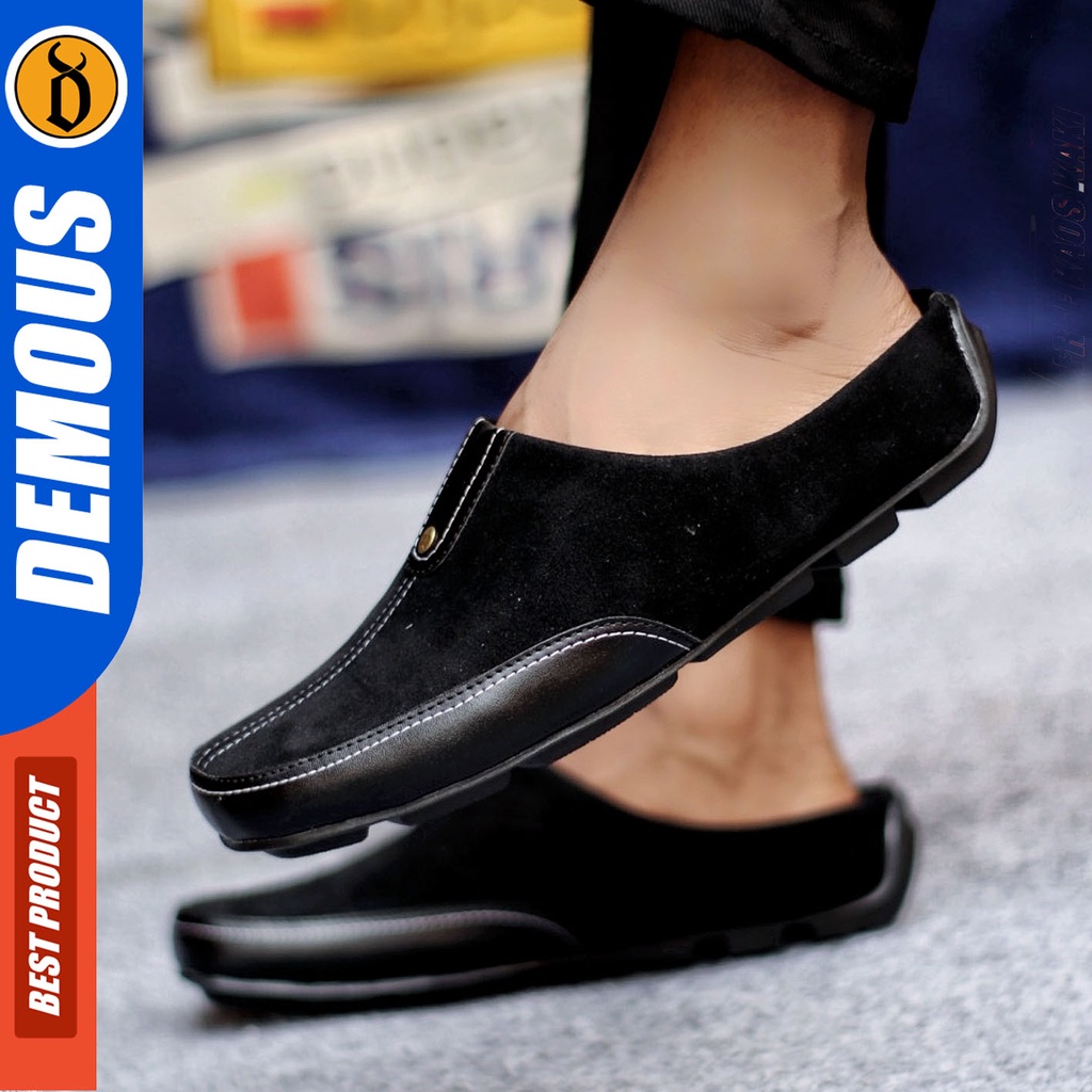 Sepatu Sandal Pria Kulit Suede Sendal Bustong Slop Hitam DEMOUS PLD