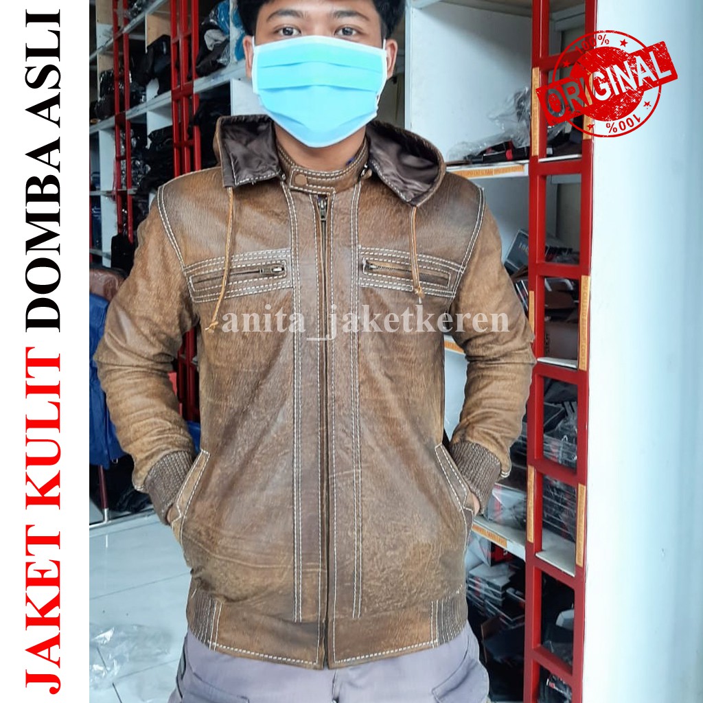 JAKET PRIA KULIT DOMBA ASLI 100% ORIGINAL GARUT, Jaket Style Hoodie Wash Kulit Domba Asli