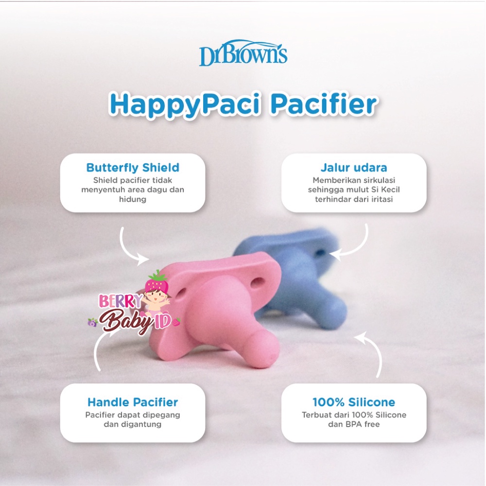 Dr Brown's Happy Paci Empeng Silicon Soother One Piece Pacifier 0m+ Mainan Gigi Bayi Berry Mart