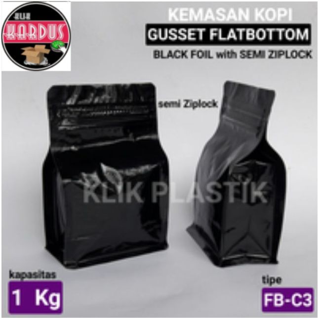 GUSSET FLATBOTTOM 1KG HITAM/KANTONG KEMASAN KOPI/PLASTIK KLIP POUCH