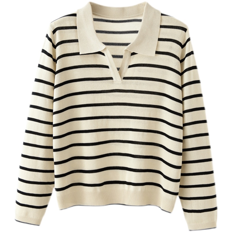 YIU YIU Rajut - Stripe Knit Crop Top Lengan Panjang Wanita Polo Shirt