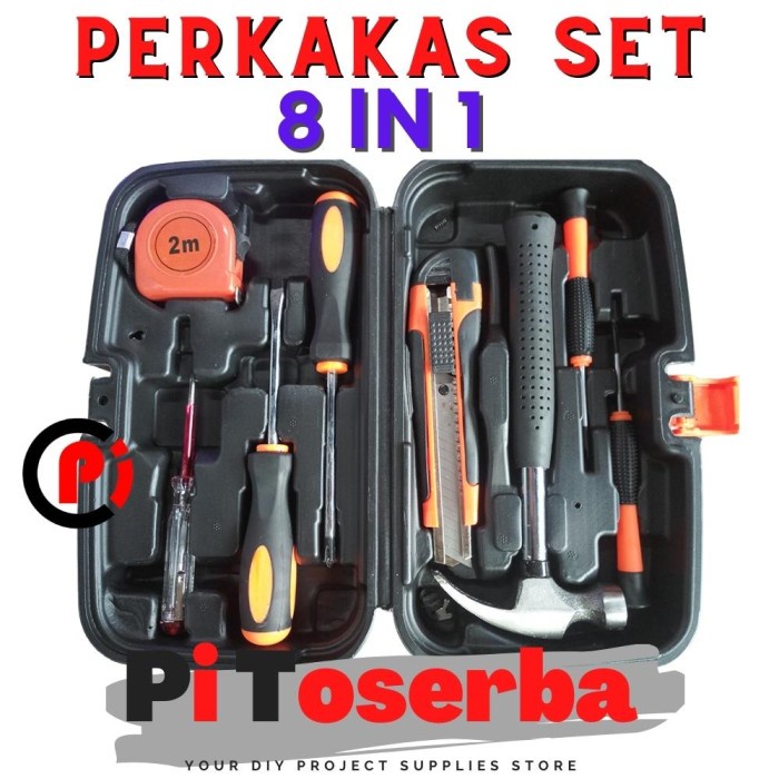 PiWare 8in1 Alat Tool Kit Set Perkakas Rumah Palu Obeng Cutter Meteran