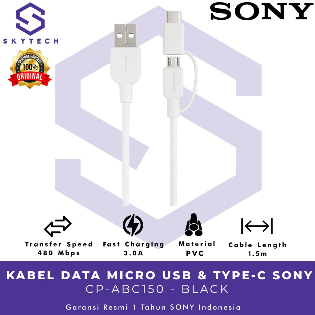 KABEL DATA MICRO USB &amp; TYPE C CP ABC150 WHITE ORIGINAL GARANSI RESMI