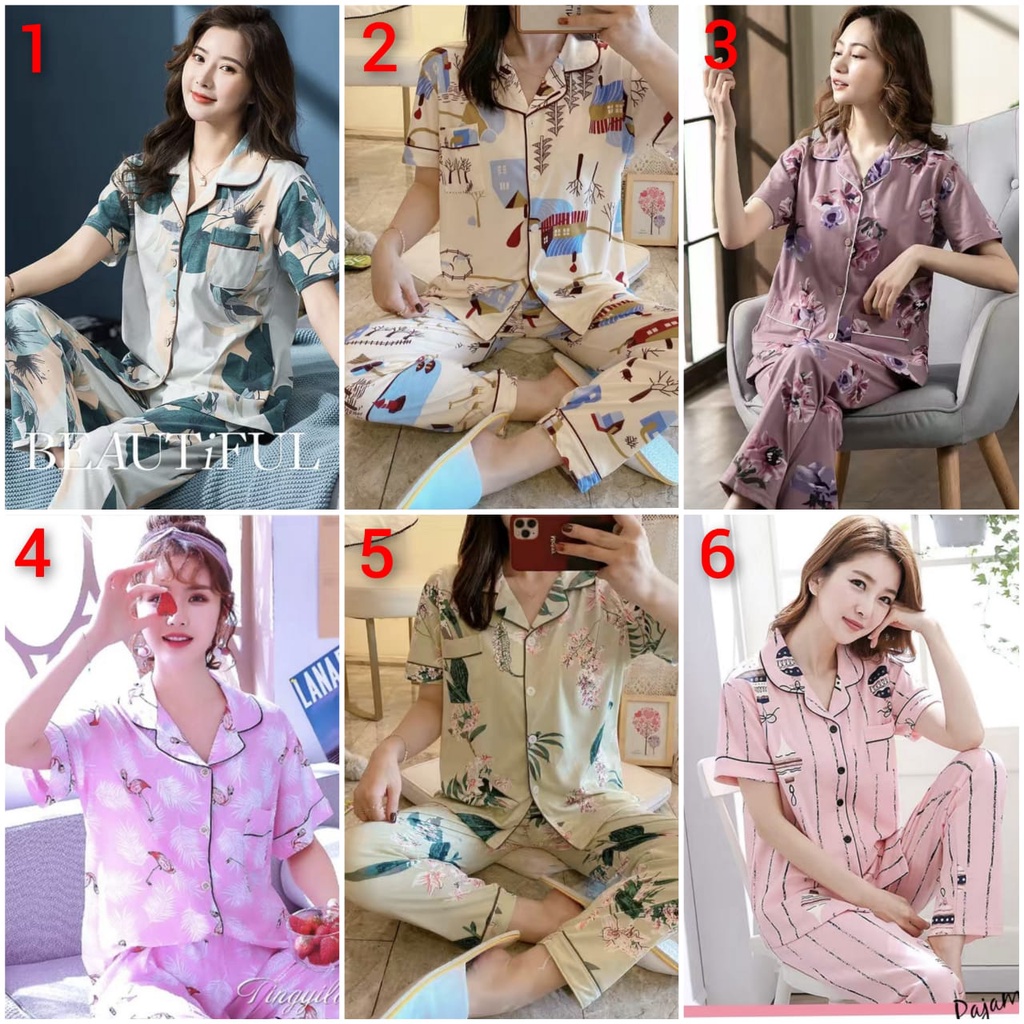 Baju tidur piyama cp bahan spandek import model kra kancing lima