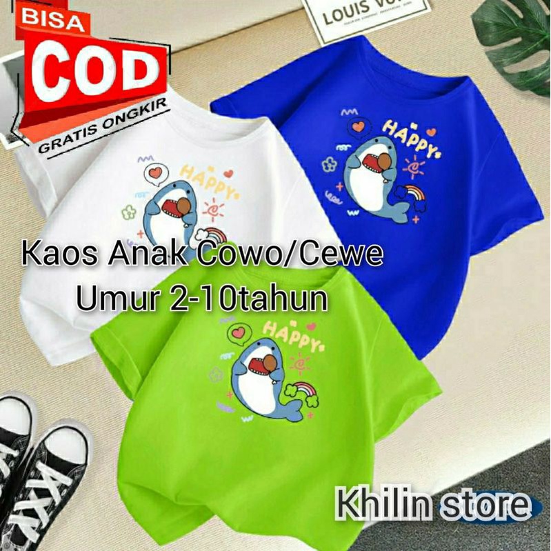 kaos Anak Cowo/Cewe Shark Happy Umur 2-10Tahun Baju Distro Anak Kaos Oblong Anak-Anak Cotton