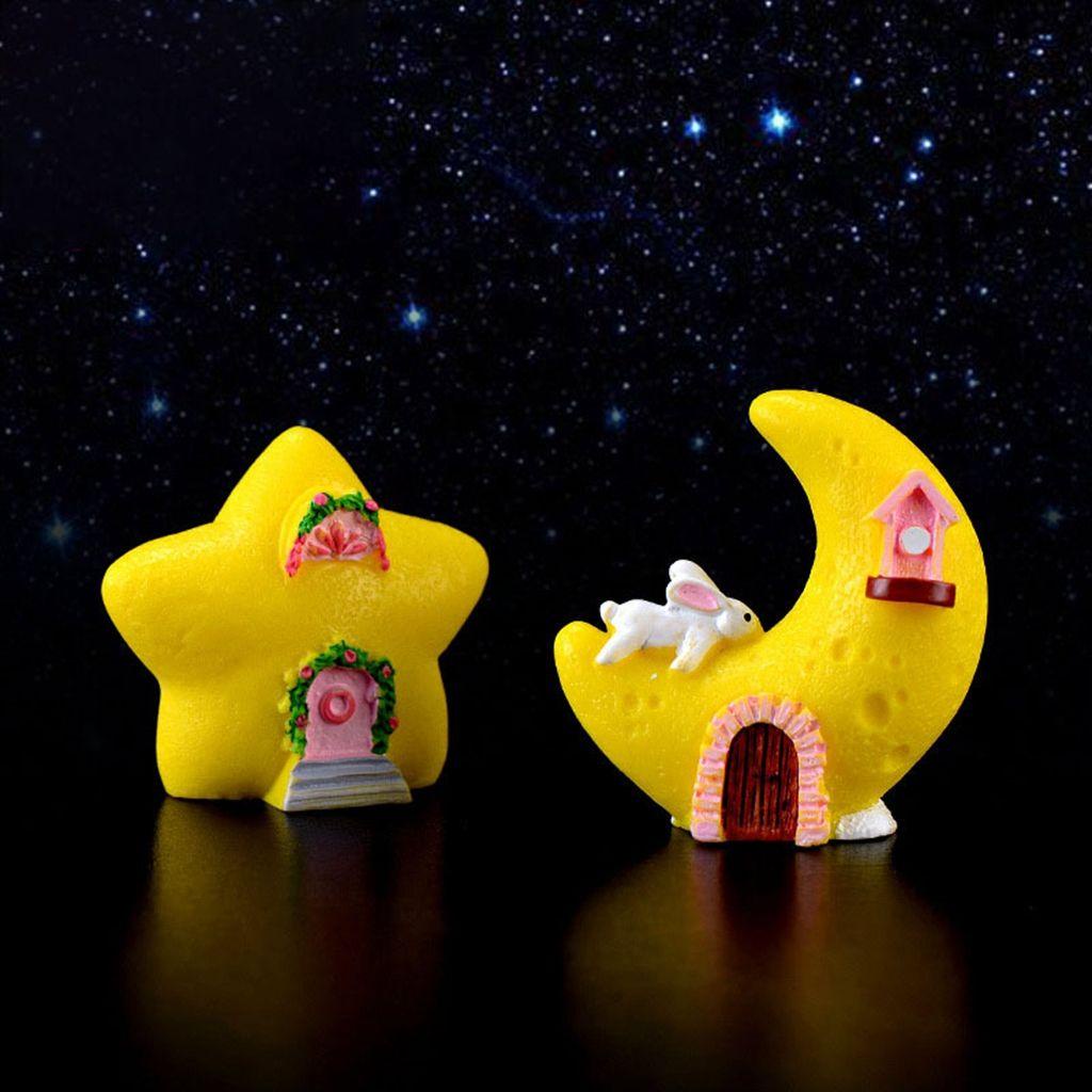 [Elegan] Starry House Figurine Resin Indah Hadiah Ulang Tahun DIY Taman Peri Bulan, Matahari, Bintang Bentuk Rumah Boneka Lanskap Mikro