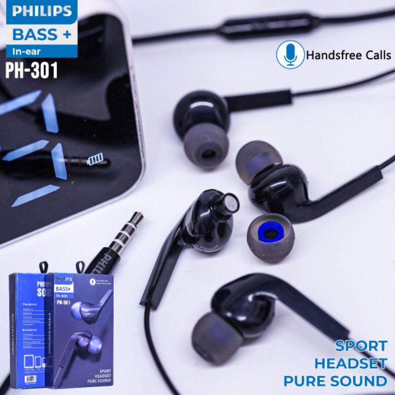 HANDSFREE HEADSET HF EARPHONE PHILIPS PH-301 PH301 PURE SOUND BASS