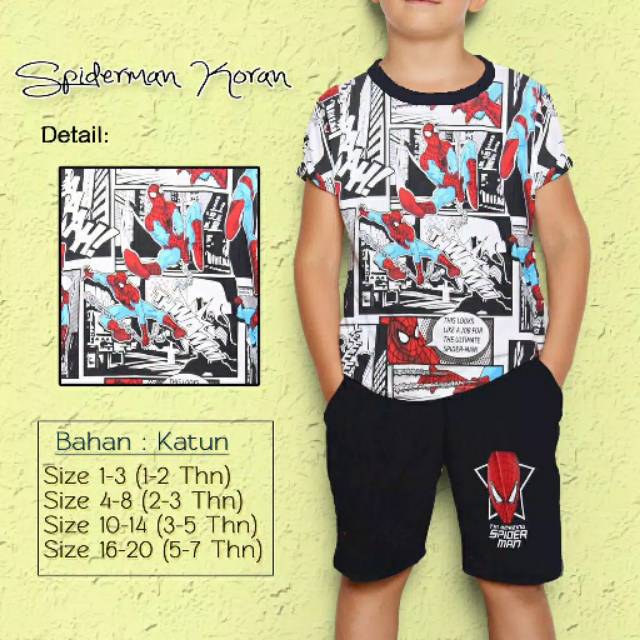 Setelan anak spiderman koran / BAJU ANAK SPIDERMAN KORAN LENGAN PENDEK