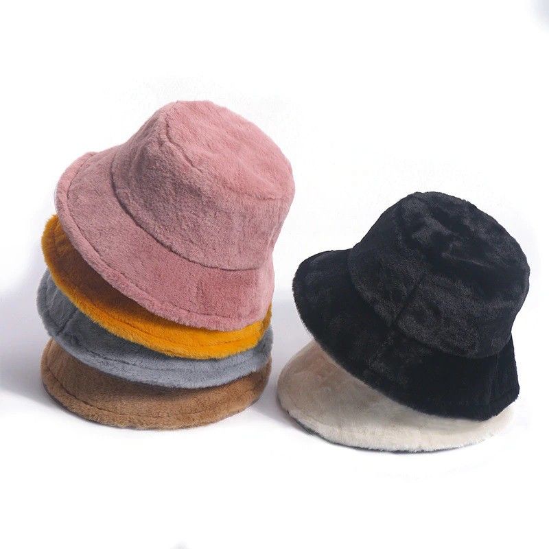 Topi Bucket Wanita Bahan Bulu Lembut Hangat Motif Polos topi bulu korea