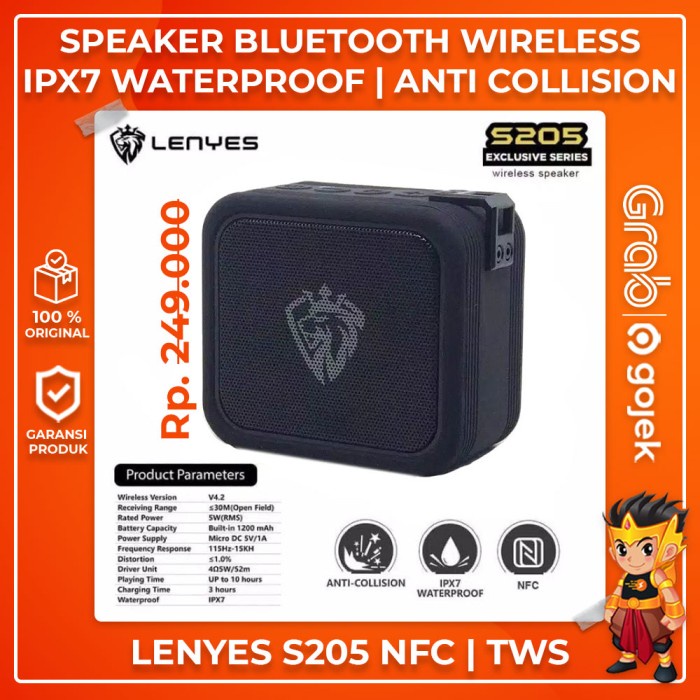 Speaker Bluetooth Lenyes S105 Tahan Banting Waterproof IPX7 Original - S205 HITAM