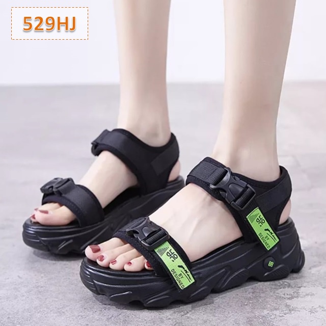 Sandal Gunung Tali Wanita OLJD Hitam Hijau Putih Tebal Sol 4 Cm (529