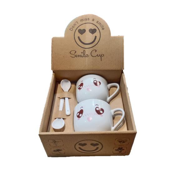 OSM - H844 (2PCS)Cangkir Keramik Set Sendok / Gelas Motif Emoji & Angka Love / Cangkir Karakter Unik-Emoji Mata Love