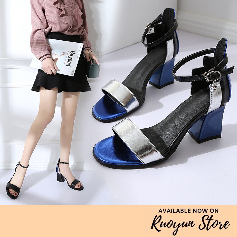 RYS - Rhinestone Buckle Sepatu Korea Hak Tahu Casual/Pesta - Ori Import