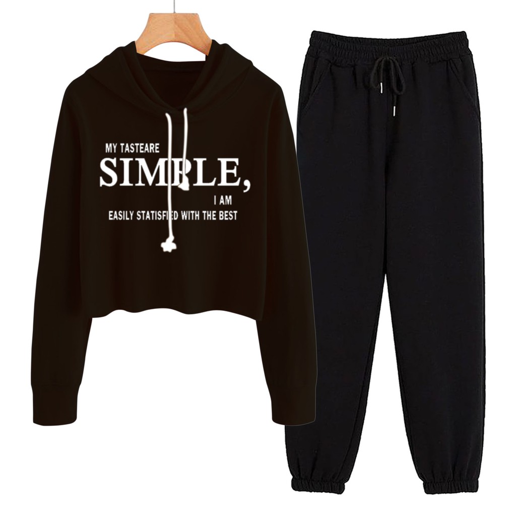 BESS - Baju Setelan Wanita Murah / Setelan Hoodie Crop + Jogger Hitam - SIMPLE