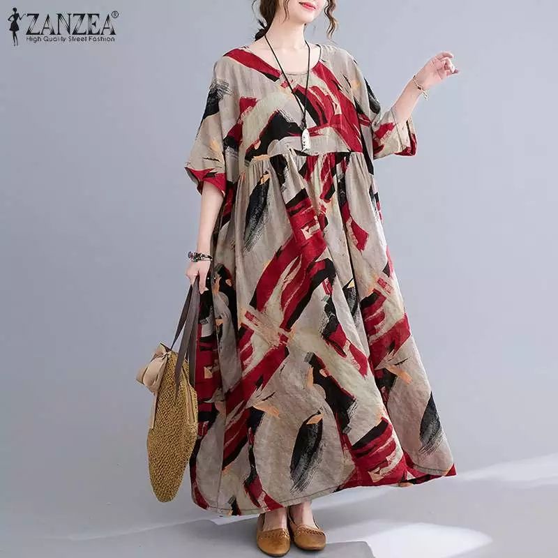 ZANZEA Dress import elegan motif print lengan pendek model longgar Terbaru S-5XL