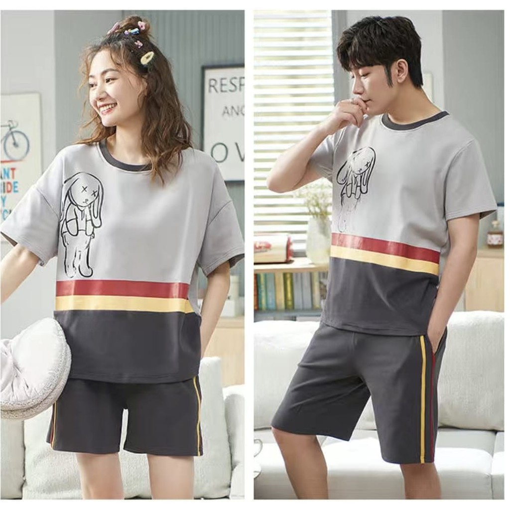 BAJU TIDUR PIYAMA LAKI LAKI PEREMPUAN COUPLE HP KAOS ADEM HALUS LEMBUT IMPORT BERKUALITAS LENGAN PENDEK SETELAN CELANA PENDEK WARNA CERAH TERBARU SIZE M-XXXL FIT TO 85KG