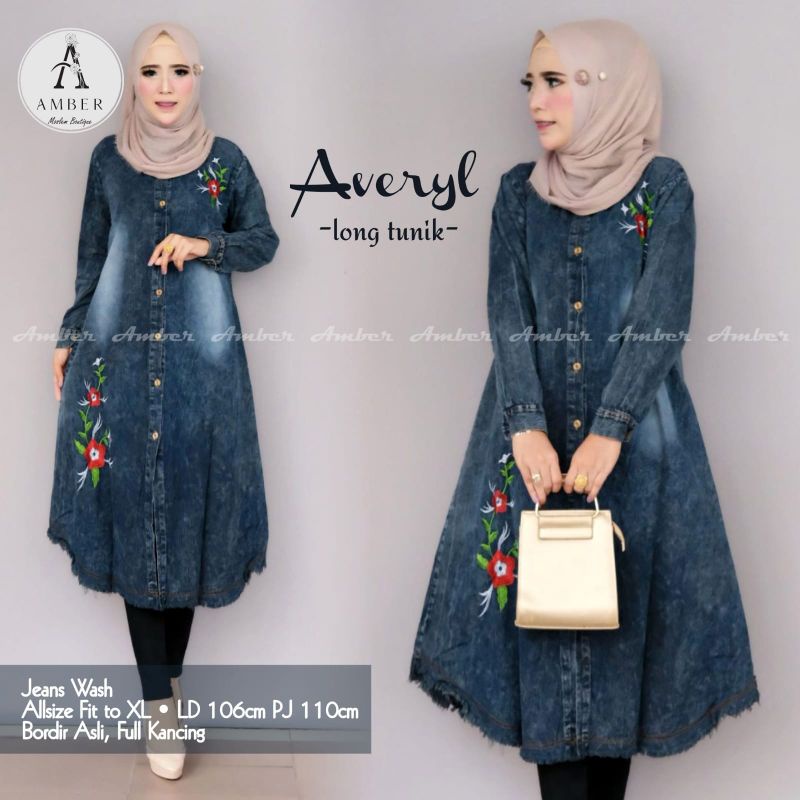 AVERYL LONG TUNIK WANITA KEKINIAN BAHAN JEANS IMPORT MEWAH