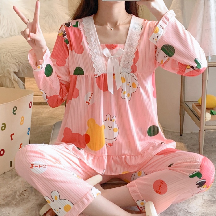 Baju Tidur / Piyama Import Wanita Motif Celana Panjang Lengan Pendek Stelan Sleepwear 3in1 Jumbo-RENDA-Rabbit Pink