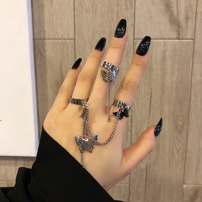 Hip-hop Dark Wind Butterfly Chain Ring Tassel Set Opening Adjustable Ring Punk Style Personality Ring