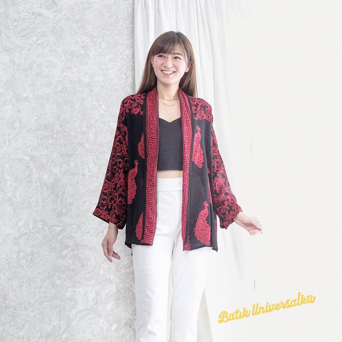 OUTER BATIK WANITA CARDIGAN BLOUSE BLAZER SANTAI - PEACOCK SOGAN RED