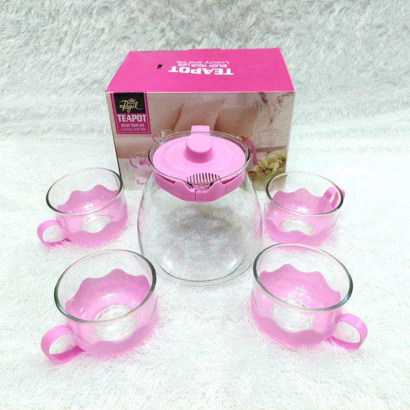 (FREE BUBBLE) TEAPOT WARNA / TEAPOT SET / TEAPOT SET 5 IN 1 / TEKO SET KACA / CANGKIR WARNA